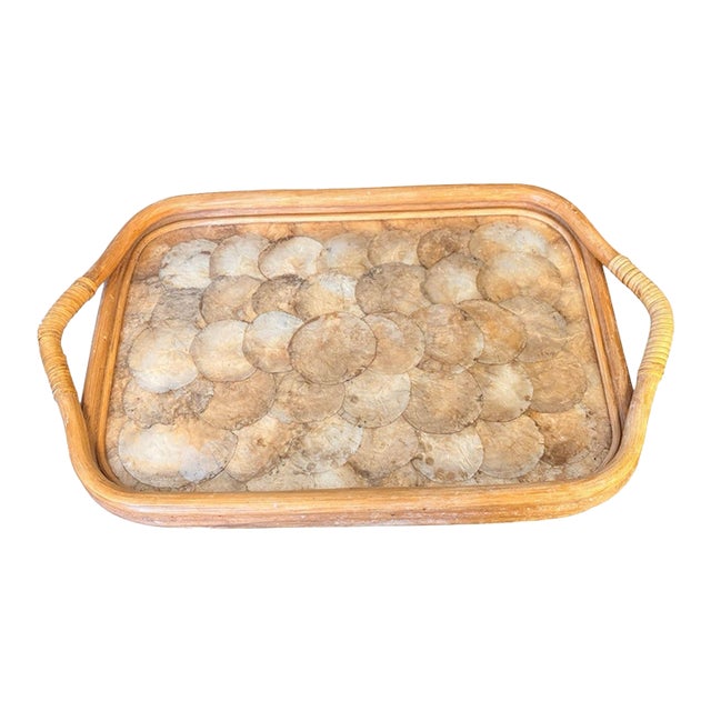 Mid 20th Century Capiz Shell Rattan Serving Tray With Handles, Made in Philippines, 20 Inch Coastal Boho Decorative Tray For Sale