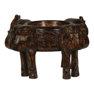 21st Century Hand Carved Distressed 4 Elephant Heads Candle Holder For Sale