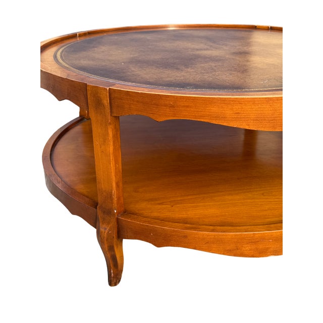 Mid 20th Century French Provincial Round Coffee Table With Gold-Embossed Inset & Cabriole Legs For Sale - Image 6 of 7