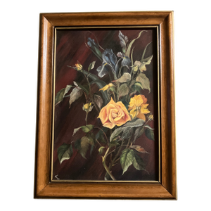 1980’s Original Classical Still Life With Pink Roses Painting Wood Frame