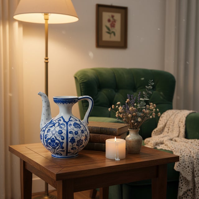 Handmade Ceramic Ewer Pitcher (20cm) Blue and White Rumi Segment Pattern For Sale - Image 6 of 12