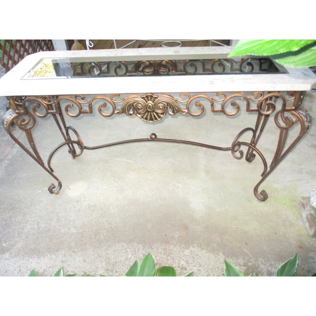 This is a GORGEOUS! Vintage French Ornate Iron with Marble and Glass Top Console Table with a Bronze Finish with Extra...