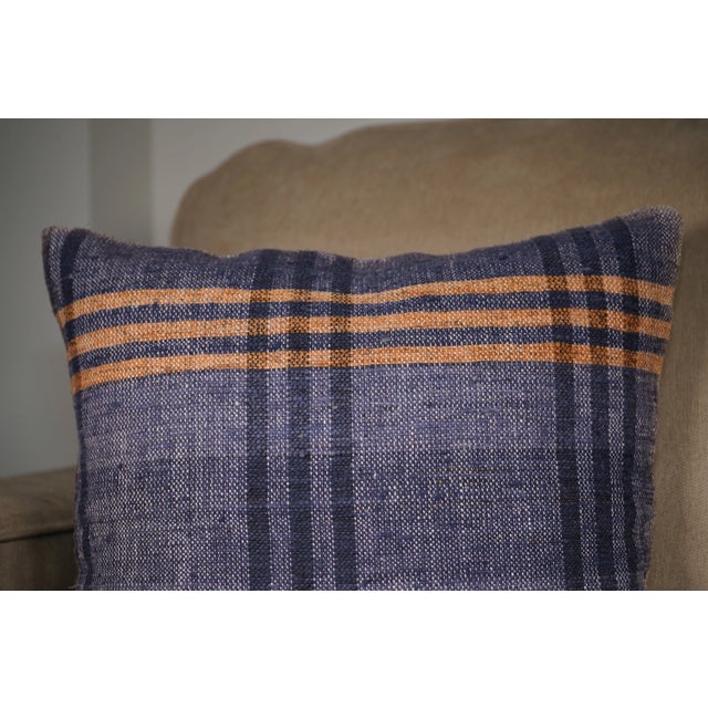 Set of 3 Vintage Handwoven Indigo Stripe Pillows – 16x16 For Sale - Image 16 of 17