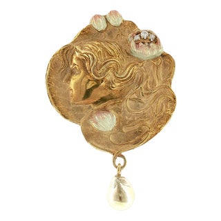 14kyg 1960's Art Nouveau Revival Enameled and Diamond Pin/ Pendant For Sale