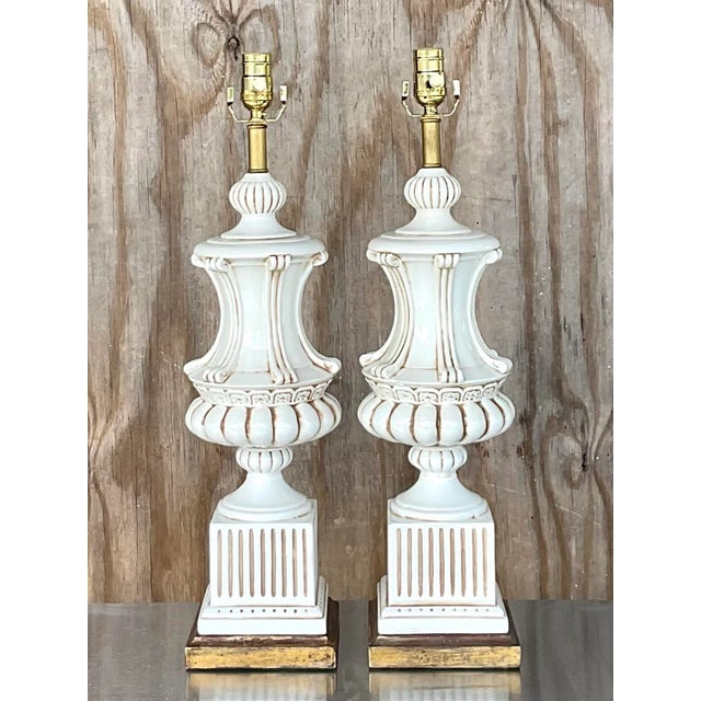 Vintage Italian Neoclassical Glazed Ceramic Urn Table Lamps – A Pair For Sale - Image 9 of 12