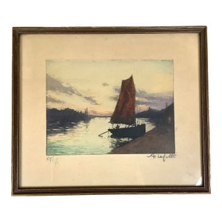 1920s Manuel Robbe Alphonse Lafitte Sailboat Artist Signed Etching Aquatint 1920s 5x7” For Sale