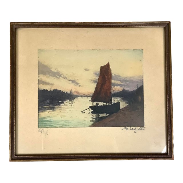 1920s Manuel Robbe Alphonse Lafitte Sailboat Artist Signed Etching Aquatint 1920s 5x7” For Sale