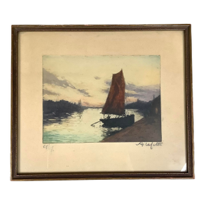 1920s Manuel Robbe Alphonse Lafitte Sailboat Artist Signed Etching Aquatint 1920s 5x7”