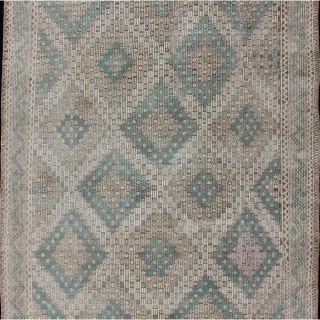 Tribal Vintage Turkish Kilim Rug in Soft Teal, Beige, and Taupe With Diamond Pattern For Sale - Image 3 of 13