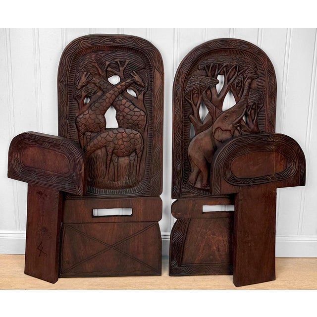 Brown Vintage African Mahogany Elephant & Giraffe Carved Slipper Chairs - A Pair For Sale - Image 8 of 12
