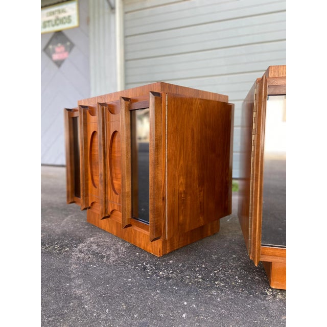 Pair of Mid Century Modern Brutalist Nightstands + Inset Smoked Mirrors | by Tobago For Sale - Image 10 of 13