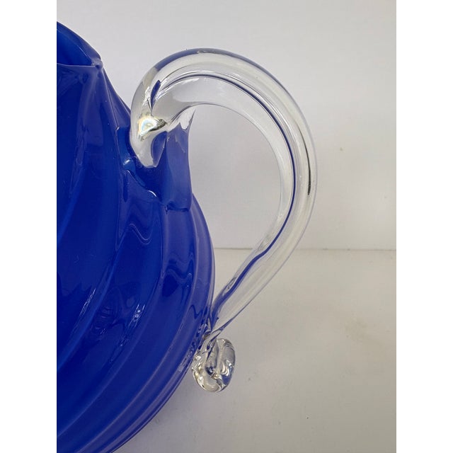 Vintage Cobalt Blue Swirl Handblown Art Glass Pitcher With Swirl Clear Handle For Sale In Orlando - Image 6 of 7
