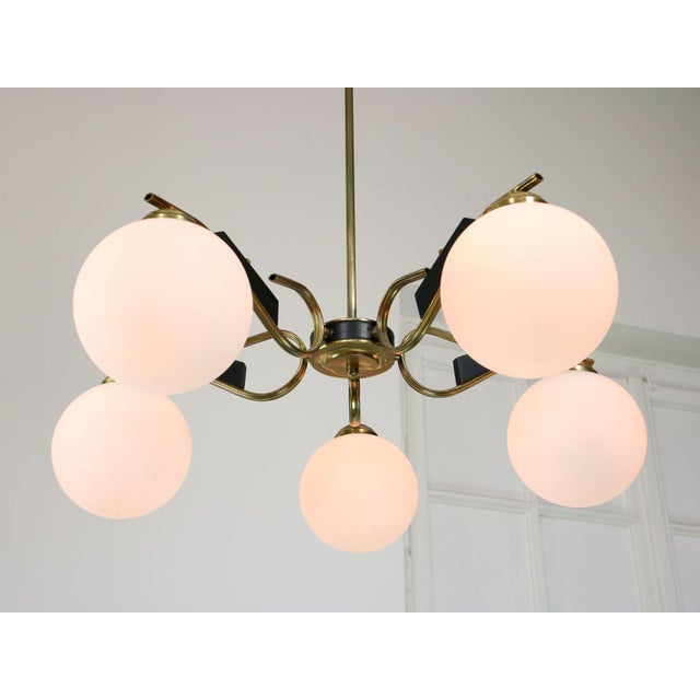 Mid-Century Modern Mid-Century Modern Italian Brass and Opaline Chandelier, 1960 For Sale - Image 3 of 18