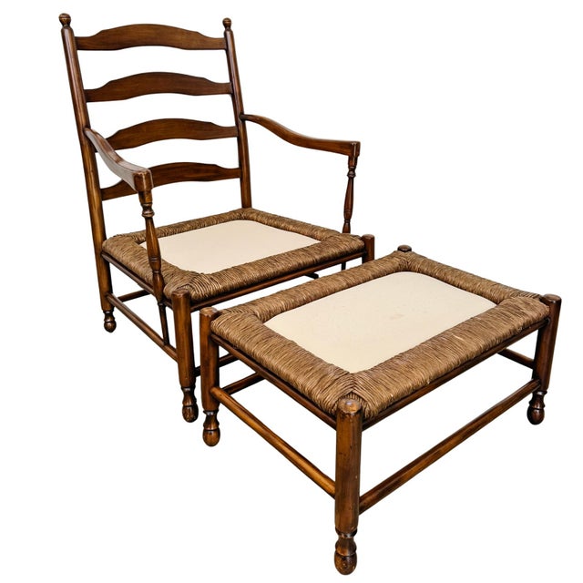 Late 20th Century Custom-Made Country French Ladderback Armchair and Ottoman Set by Calico Corners For Sale - Image 11 of 18