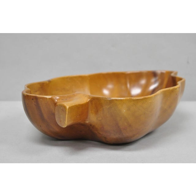 Brown Vintage Mid Century Modern Monkey Pod Carved Koa Wood Banana Leaf 16" Fruit Bowl For Sale - Image 8 of 16