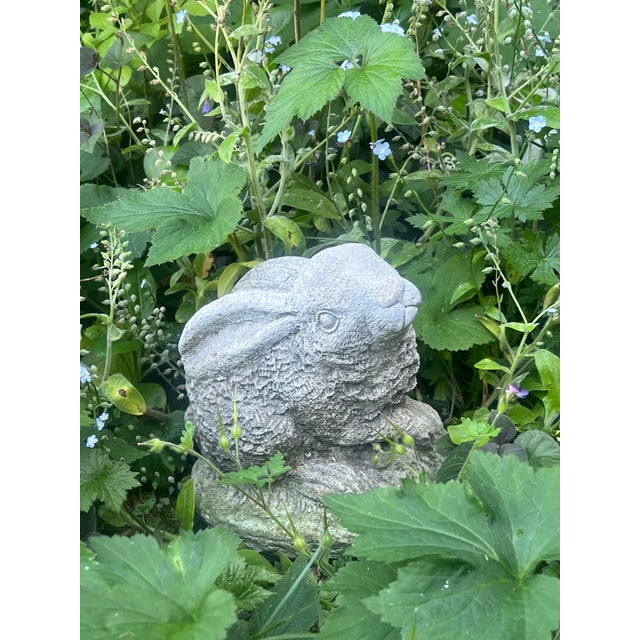 Vintage concrete garden statue of a bunny with green moss around the base.