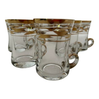 1960s Mid Century Modern Gold & Clear Leaf Design Shot Glasses - Set of 7 For Sale