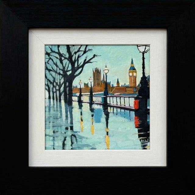 Angela Wakefield, Miniature Painting of Victoria Embankment London & Houses of Parliament in Rain, 2024 For Sale