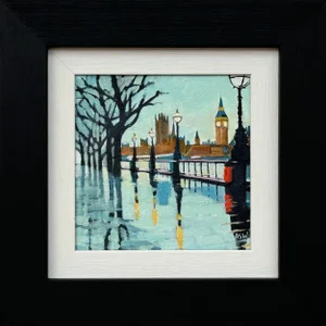 Angela Wakefield, Miniature Painting of Victoria Embankment London & Houses of Parliament in Rain, 2024