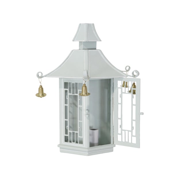 Metal Vintage Chinoiserie Green Pagoda Wall Sconces With Hanging Brass Bells - a Pair For Sale - Image 7 of 11