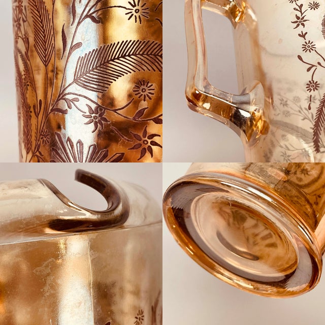 Vintage Jeanette Marigold Carnival Glass Iridescent Cosmos Pitcher Set- 3 Pieces For Sale In New York - Image 6 of 13