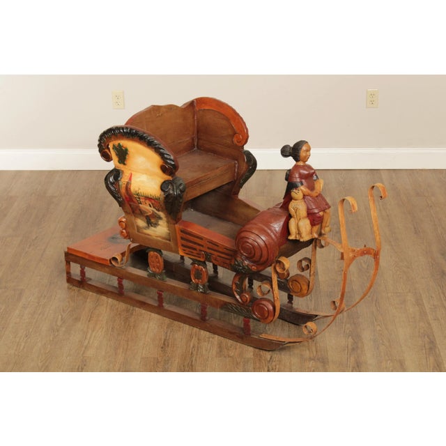 High Quality Vintage Eastern European Hand Carved Wood and Painted Wrought Iron and Gesso Decorative Children's Sleigh