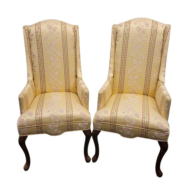 Petite Vintage Queen Anne High-Back Wingback Chairs for Small Spaces in Butter Yellow Floral Stripe – A Pair For Sale In Raleigh - Image 6 of 6