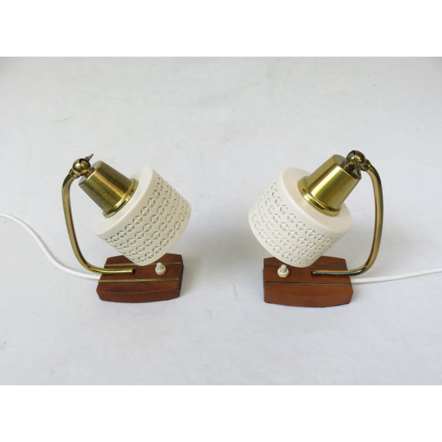 Beige Brass Teak Bedside Table Lights, 1950s, Set of 2 For Sale - Image 4 of 18