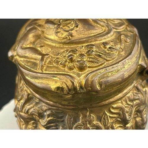 Antique Brass Cherub Jewelry Casket Footed Trinket Box Art Nouveau Figural Putti For Sale - Image 18 of 18
