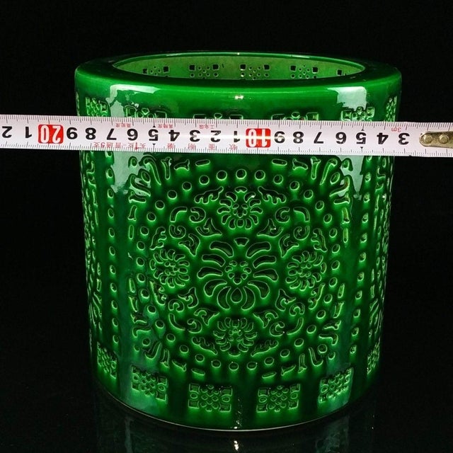 Ceramic Late 20th Century Green Glazed Reticulated Porcelain Brush Pot For Sale - Image 7 of 8
