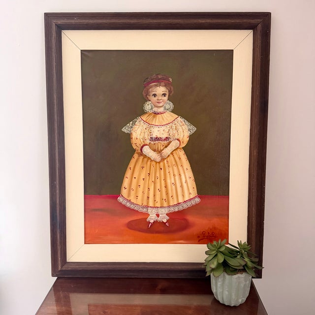 Mid 20th Century Agapito Labios Mexican Girl Folk Art Painting Oil on Canvas For Sale - Image 10 of 11