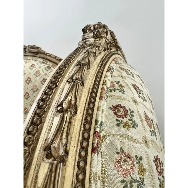French Louis XV Style Bergère Armchair, Painted Frame, Floral Embroidery, a Pair For Sale - Image 9 of 15
