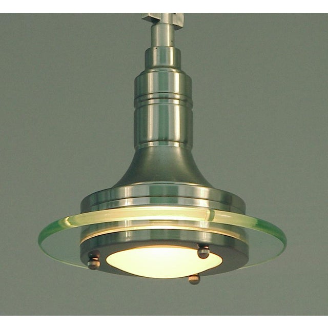 Modern 1970s Modern Hanging "Saturn" Light, Thick Glass Disc, Nickel Hardware For Sale - Image 3 of 3