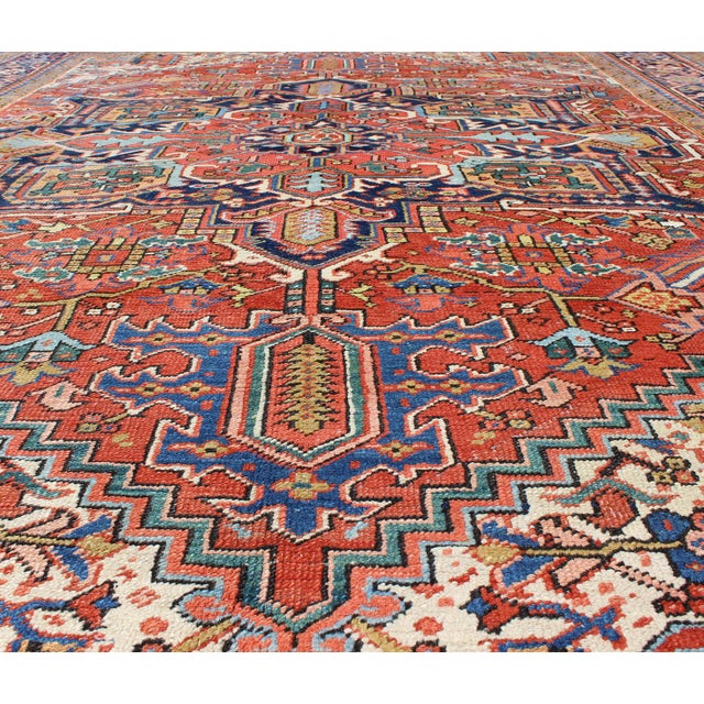 Early 20th Century Antique Colorful Persian Heriz Rug With Geometric Patterns and Intricate Design 8'3"x10'4" For Sale - Image 5 of 8
