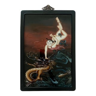 1960's Chinese Reverse Painting of Nezha 3rd Lotus Prince & Dragon Ao Guang, on Glass, Rosewood Frame For Sale