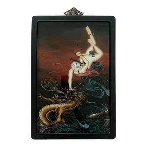 1960's Chinese Reverse Painting of Nezha 3rd Lotus Prince & Dragon Ao Guang, on Glass, Rosewood Frame