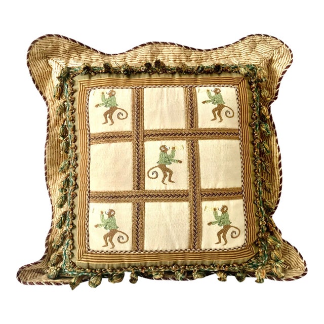 Thick Vintage Monkey With Trumpet Embroidered Traditional Pillow With Tassels For Sale