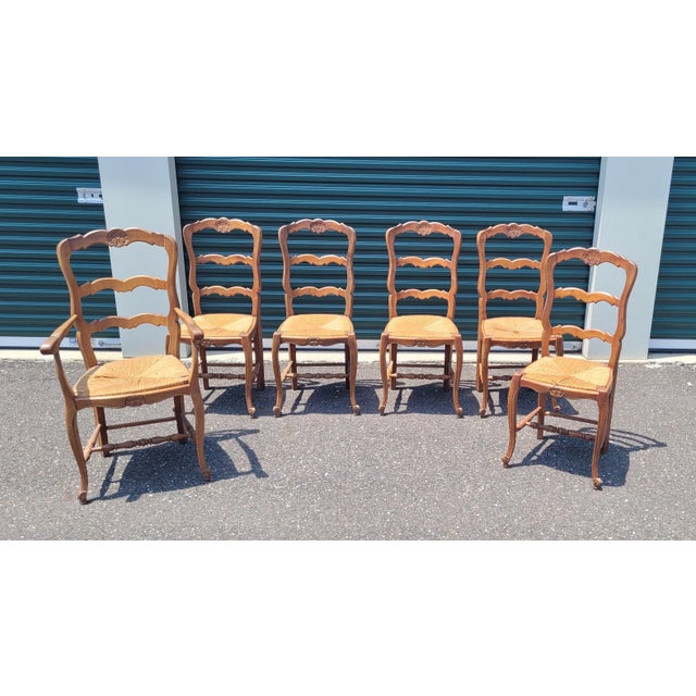 6 Country French Shell Carced Dining Chairs For Sale - Image 10 of 11