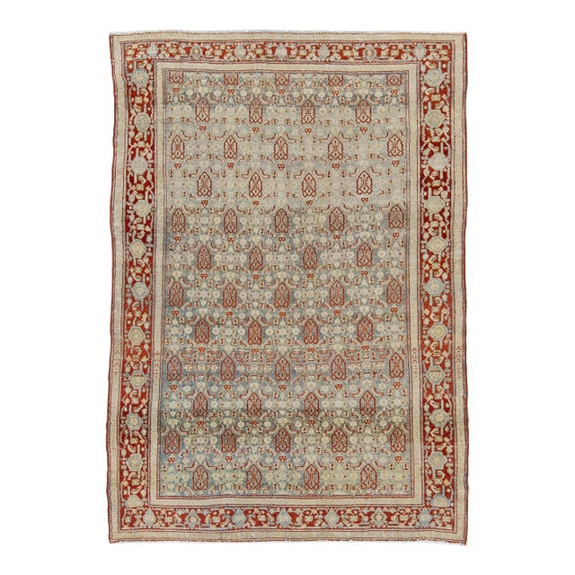 4x5 Antique North Indian Agra Rug - Pale Celadon & Rust Wool With Floral Motifs For Sale