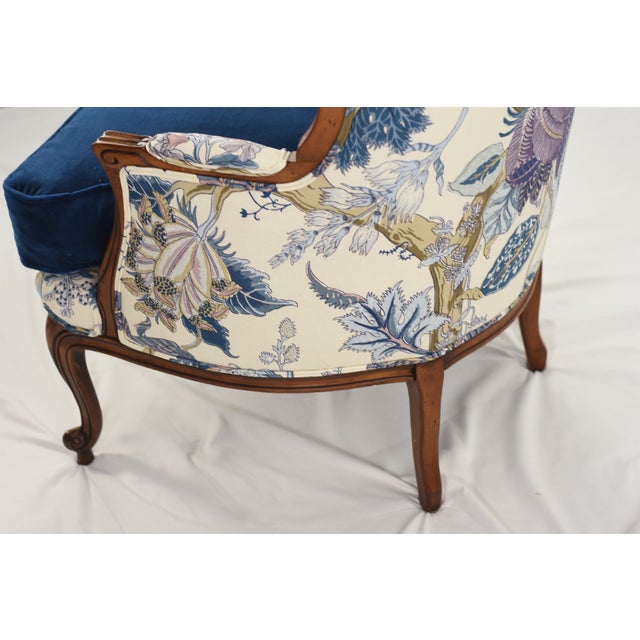 Schumacher Linen Accent Chair on Restored Vintage Ethan Allen Camille Bergere With Sapphire Velvet For Sale - Image 10 of 14