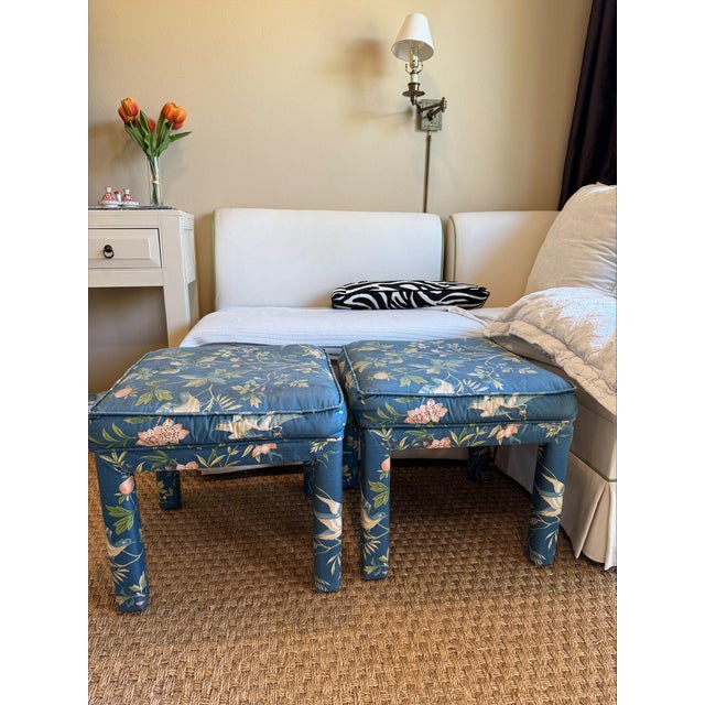Pair of Vintage Parsons Ottomans in Chinoiserie Bird & Botanical Print For Sale In Los Angeles - Image 6 of 10
