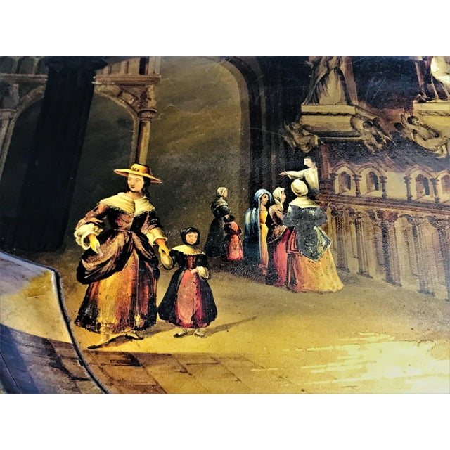 Black Antique English Tray Table With Scalloped Edge and Hand Painted Cathedral Artwork For Sale - Image 8 of 13