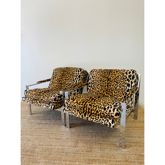 Cy Mann Vintage 1970s Cy Mann Pair of Leopard & Chrome Lounge Chairs Mid Century Modern For Sale - Image 4 of 17