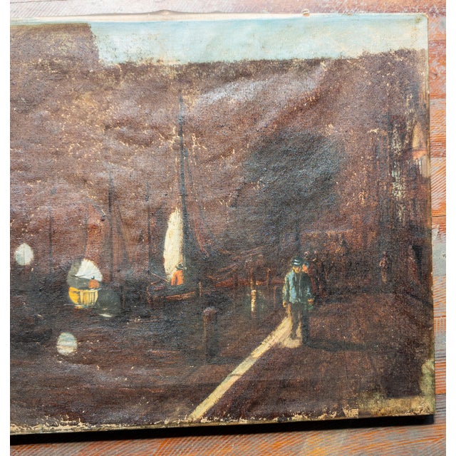 Rustic Early 20th Century Distressed Harbor Scene Painting With Figure For Sale - Image 3 of 12