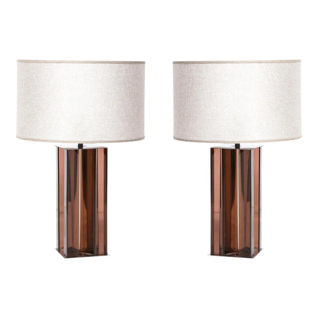 Pair of Mid-Century Modern Smoked Amethyst Lucite & Polished Chrome Table Lamps For Sale