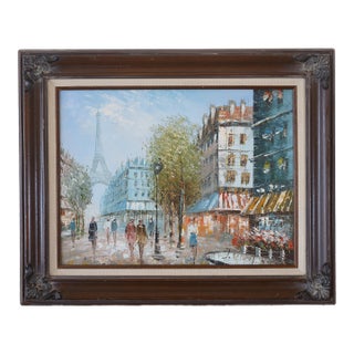 Vintage Mid Century Era French Impressionist J Bardot Paris Street Scene With Eiffel Tower Painting For Sale