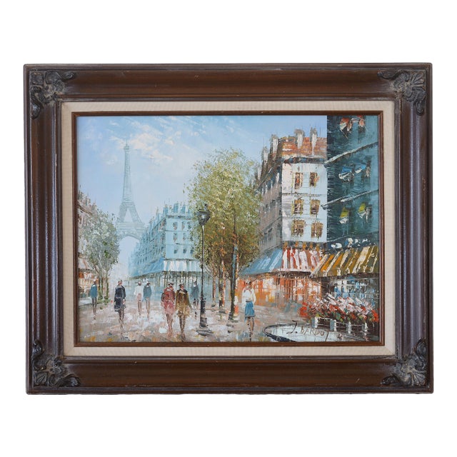 Vintage Mid Century Era French Impressionist J Bardot Paris Street Scene With Eiffel Tower Painting For Sale