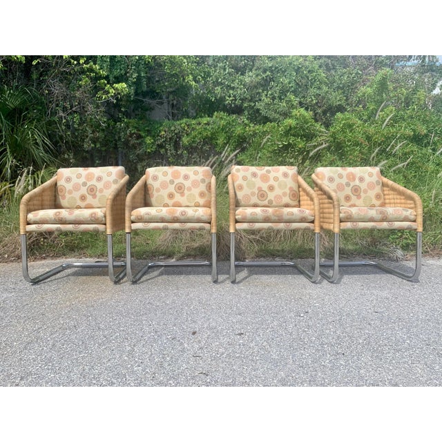 1970s Harvey Probber Style Wicker and Chrome Cantilever Dining Chairs - Set of 4 For Sale - Image 5 of 12
