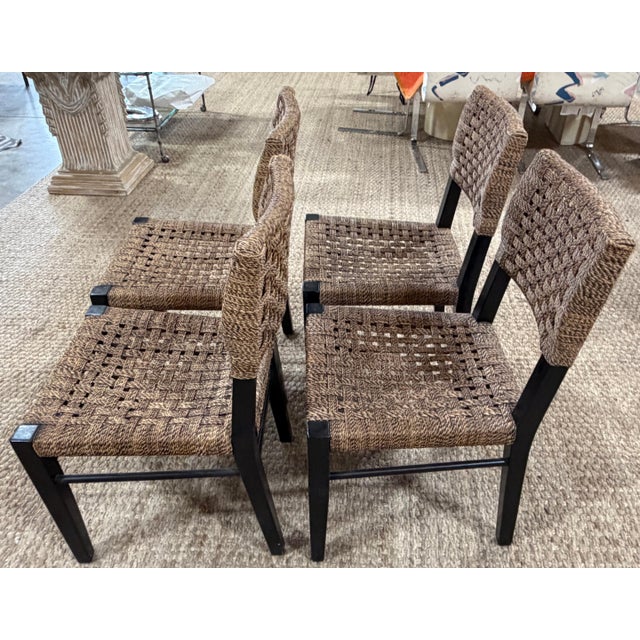 4 Palecek Blackened Pananawood & Woven Seagrass Dining Chairs, Late 20th Century For Sale - Image 6 of 17