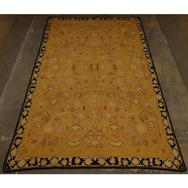 Vintage hand made Portuguese sumac. Mustard field with stylized flowers, within a black border. 8'4"x 12'2".